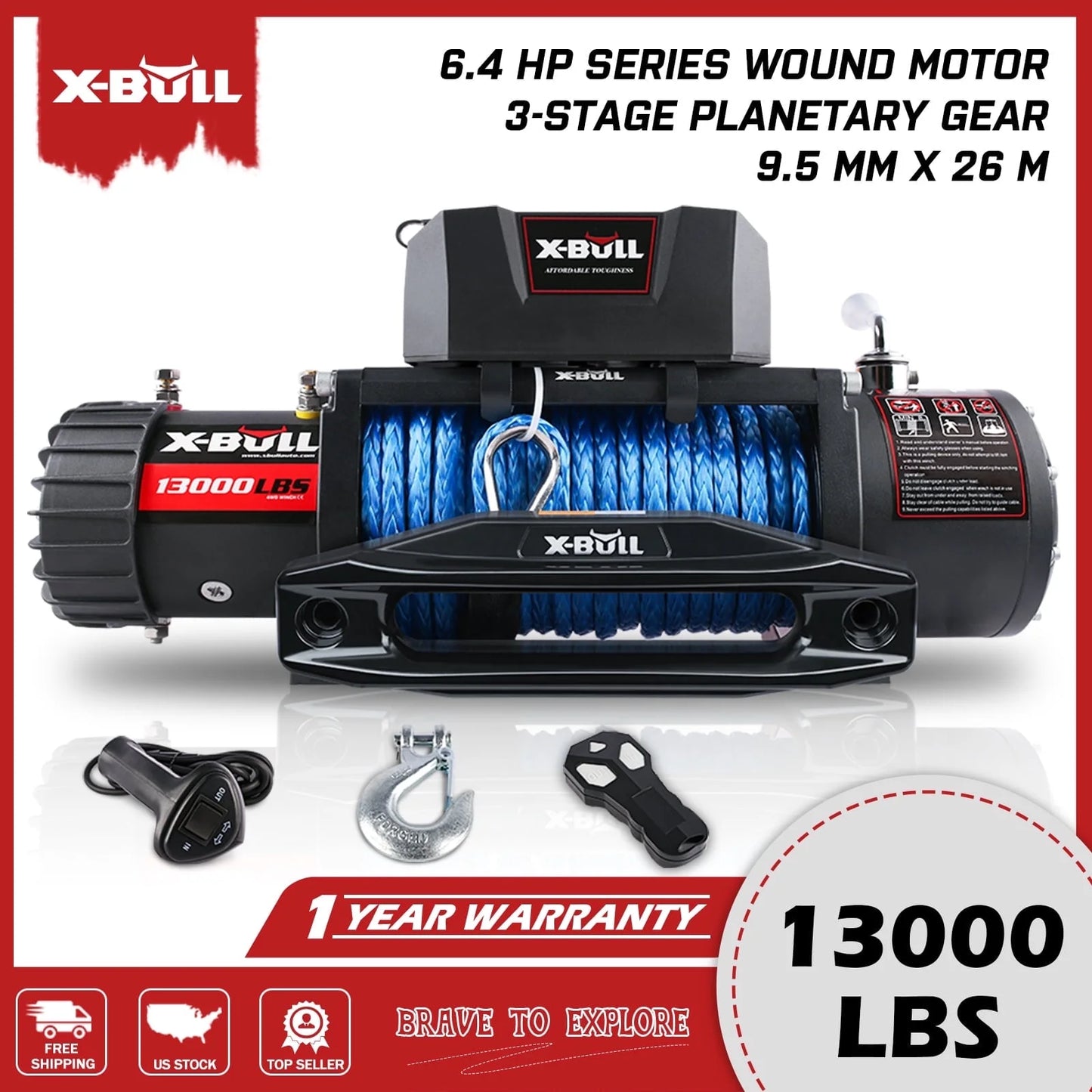 13000LB 12V Winch Electric Winch with Synthetic Rope Blue for Jeep Truck SUV off Road