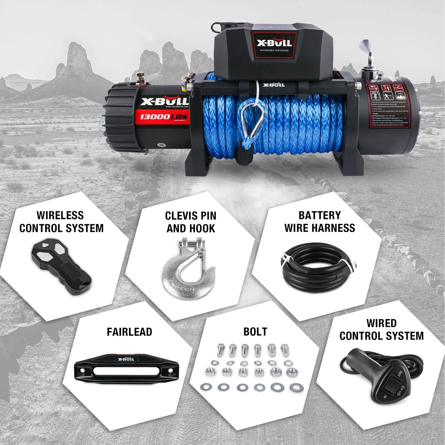 13000LB 12V Winch Electric Winch with Synthetic Rope Blue for Jeep Truck SUV off Road