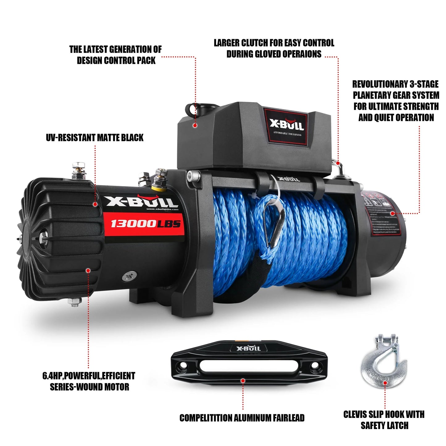 13000LB 12V Winch Electric Winch with Synthetic Rope Blue for Jeep Truck SUV off Road
