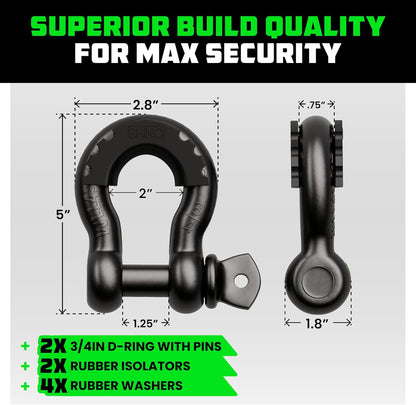 D Ring Shackles (2-Pack) - 41,850Lb Break Strength – Heavy Duty 3/4" Clevis Shackle with 7/8 Pin for Towing & Off-Road Use - Pairs with Tow Strap for Vehicle Recovery (Black)