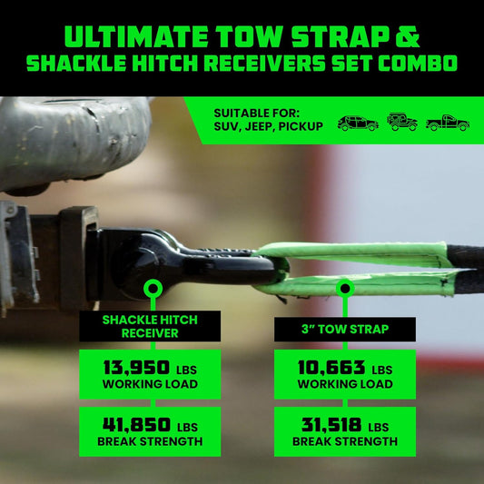 Heavy-Duty Recovery Gear Combos Off-Road Truck Vehicle Recovery, Best Offroad Towing Accessories (30' Strap + Shackle Hitch)