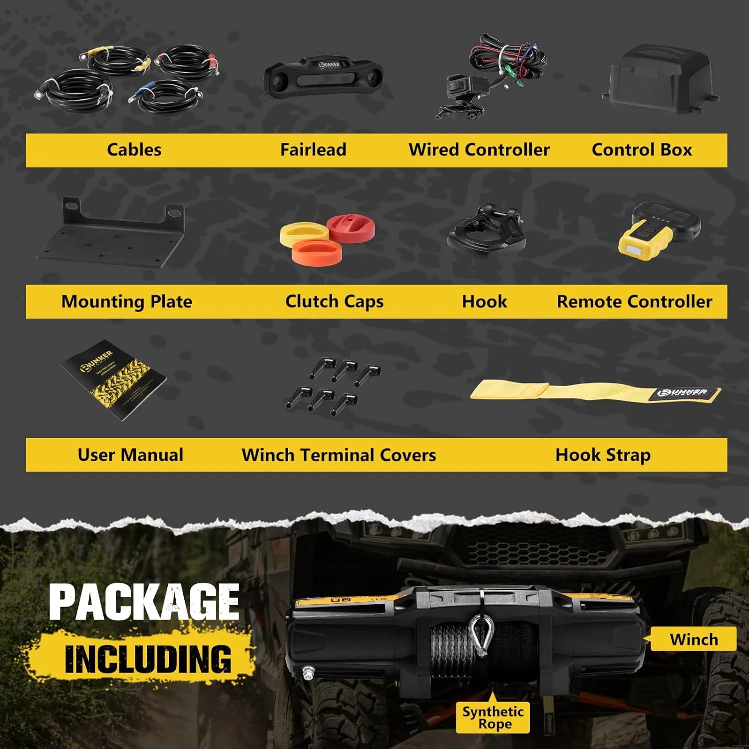 6000Lb Electric Winch, 12V Waterproof with Synthetic Rope, Hawse Fairlead Kit, Wireless Handheld Remote & Corded Control for Offroad UTV ATV Recovery