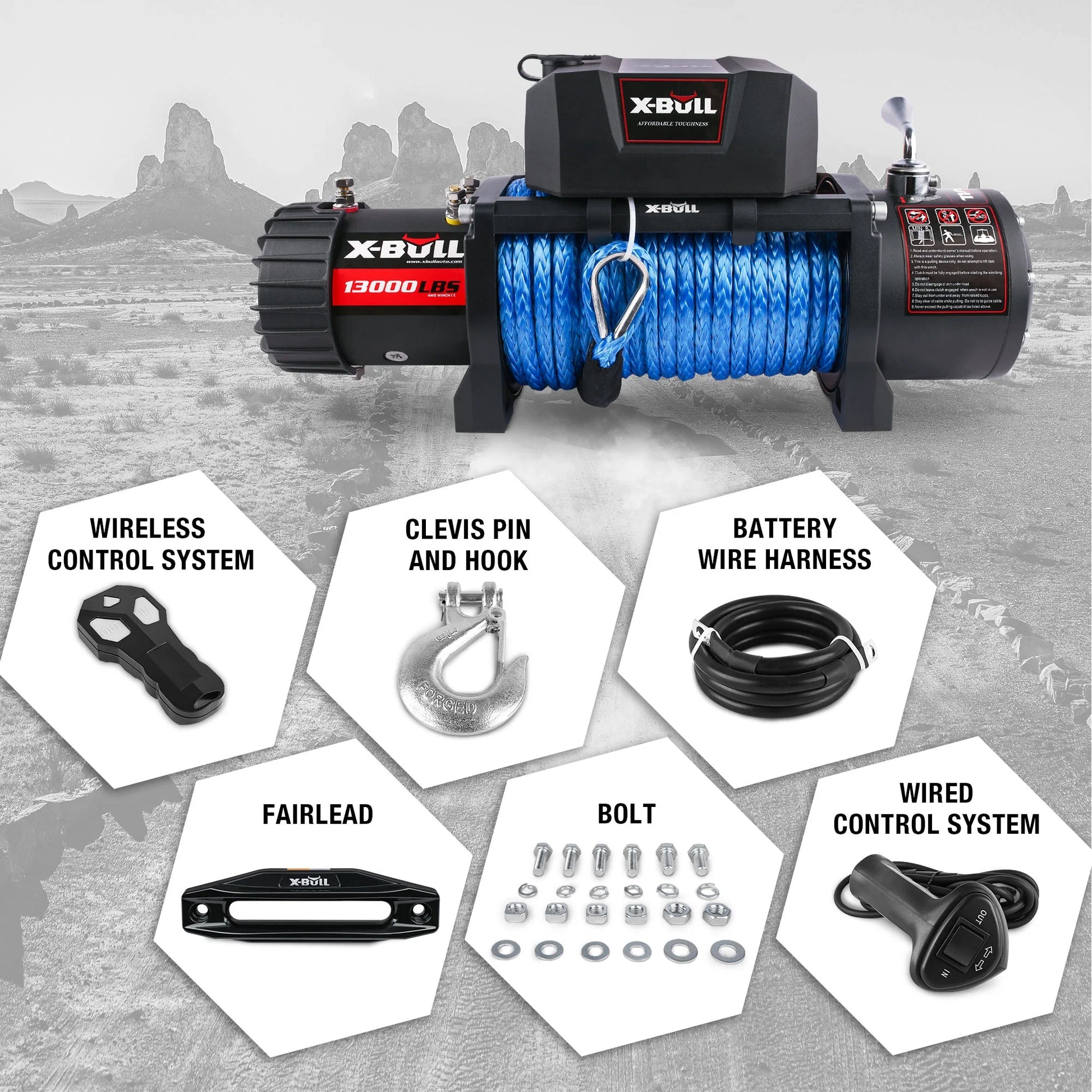 13000LB 12V Winch Electric Winch with Synthetic Rope Blue for Jeep Truck SUV off Road