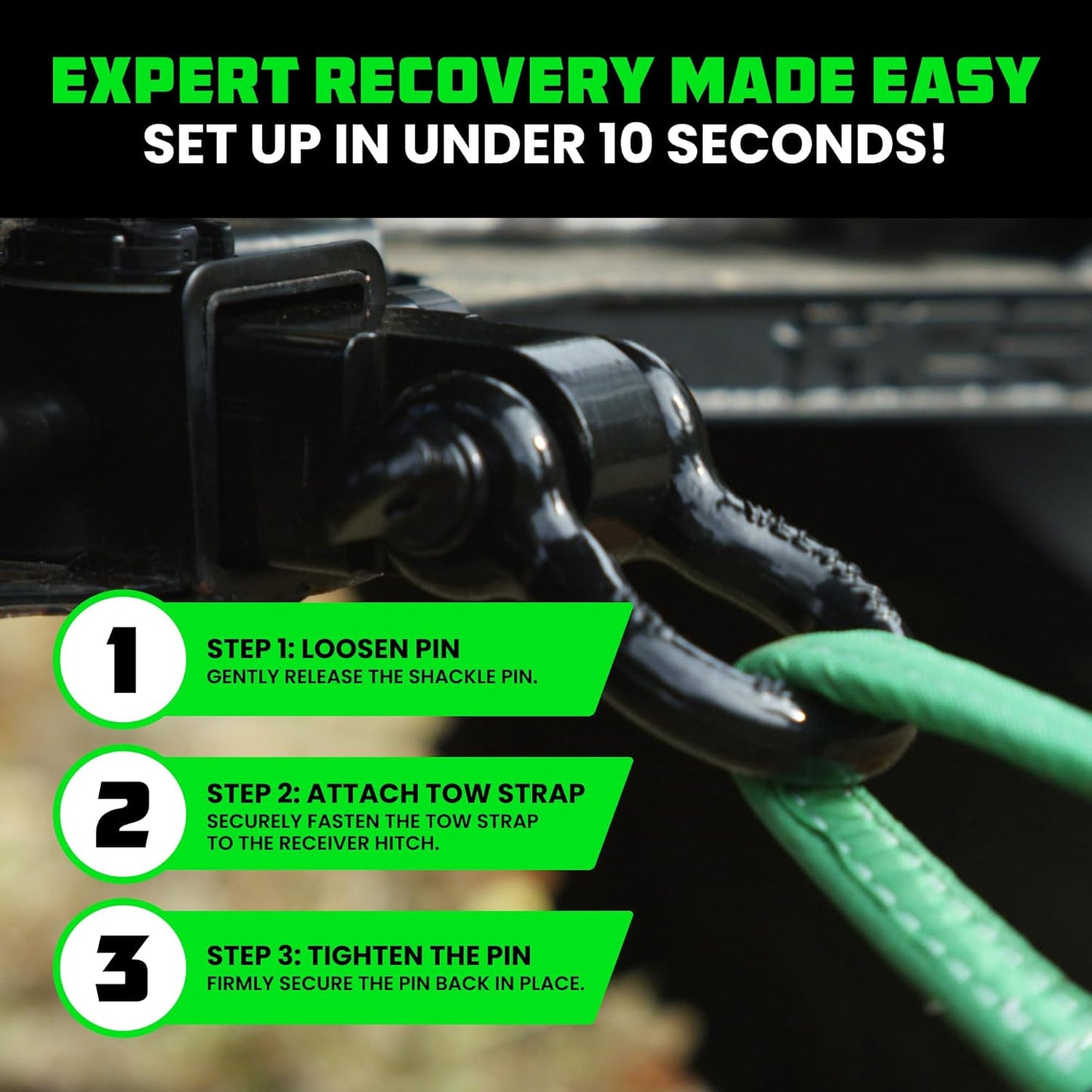 Heavy-Duty Recovery Gear Combos Off-Road Truck Vehicle Recovery, Best Offroad Towing Accessories (30' Strap + Shackle Hitch)