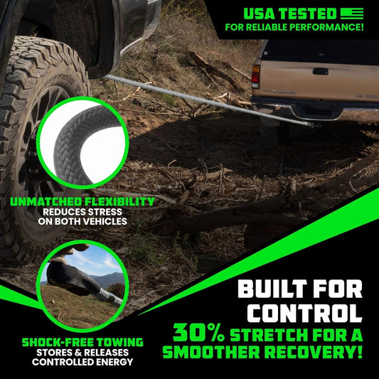 Kinetic Recovery Tow Rope Heavy Duty Offroad Snatch Strap for UTV, ATV, Truck, Car, Tractor - Ultimate Elastic Straps Towing Gear - Backed for Life! (1" X 30' Gray)