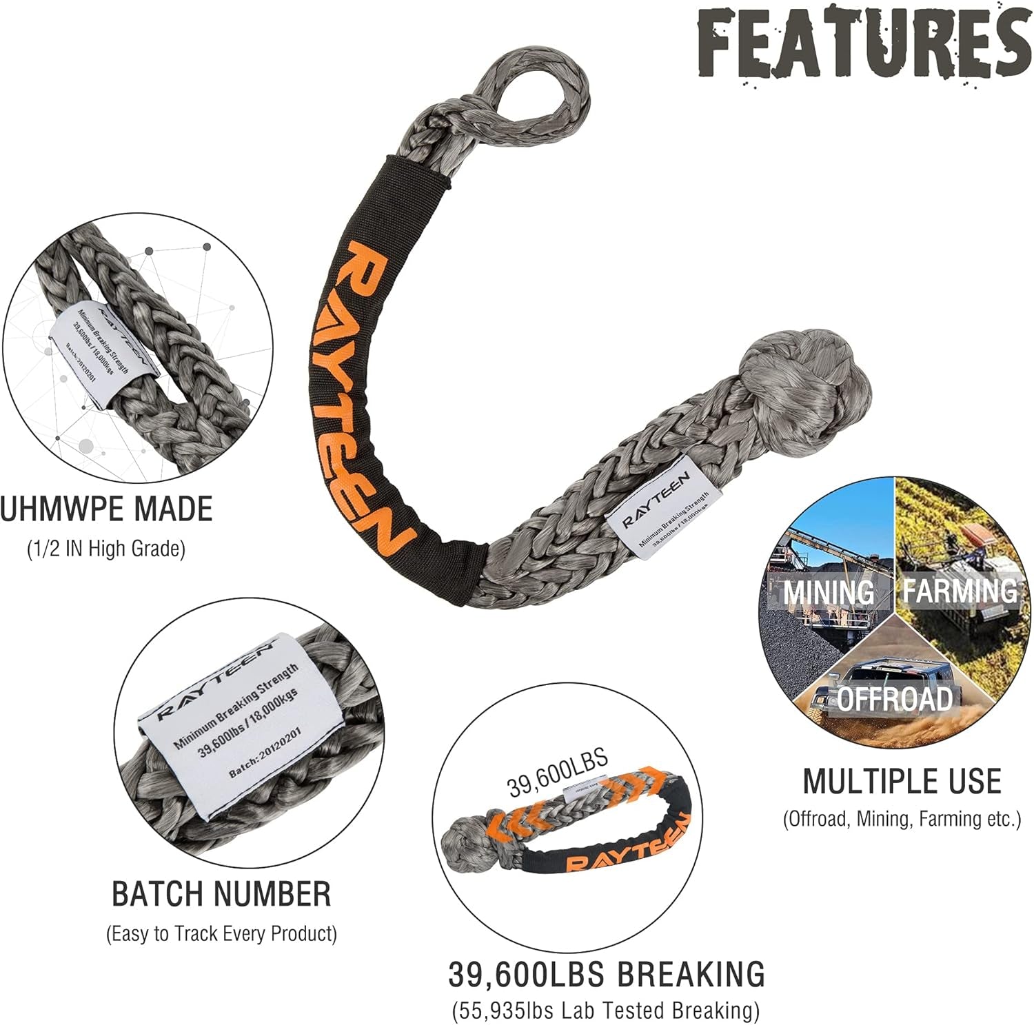 Synthetic Soft Shackle Recovery 1/2 Inchx22.83 INCH, Lab Tested 55,935LBS with Sleeve UHMWPE Gray Soft Shackle Recovery for Sailing 4X4 SUV Offroad Jeep Truck ATV UTV Farming Mining Tractor