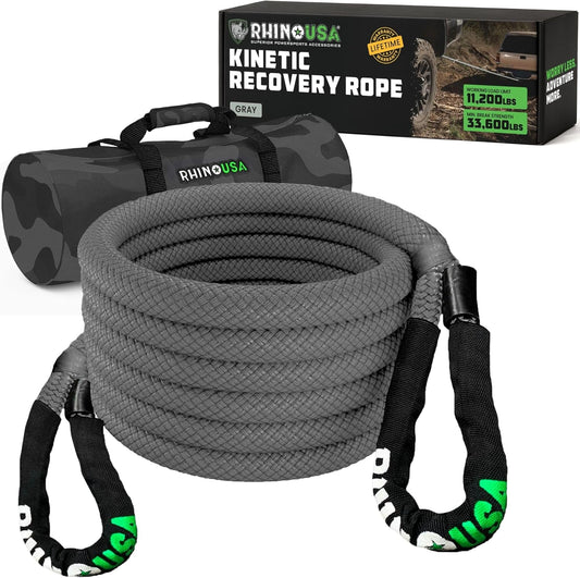 Kinetic Recovery Tow Rope Heavy Duty Offroad Snatch Strap for UTV, ATV, Truck, Car, Tractor - Ultimate Elastic Straps Towing Gear - Backed for Life! (1" X 30' Gray)
